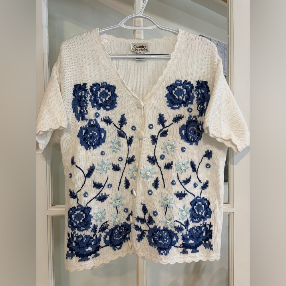 Vintage Embroidered Cardigan Sweater Flowers Cottage Core Grandma Floral Large